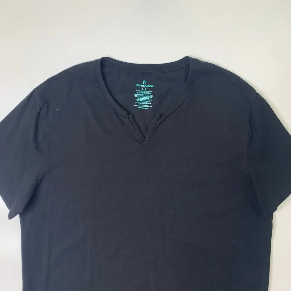 Tommy John Shirt Mens Large Black Pima Cotton Blend Stretch Split V Neck Stretch